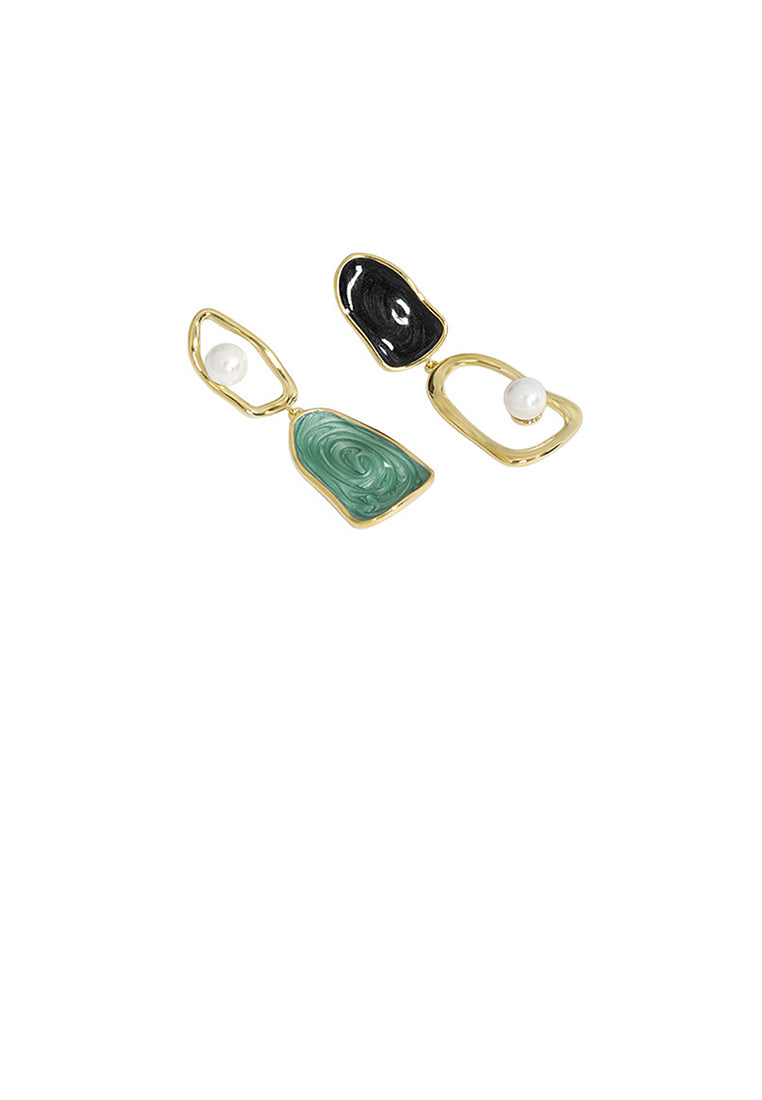 925 Sterling Silver Plated Gold Fashion Creative Asymmetric Geometric Enamel Texture Imitation Pearl Earrings - Luxurious Look