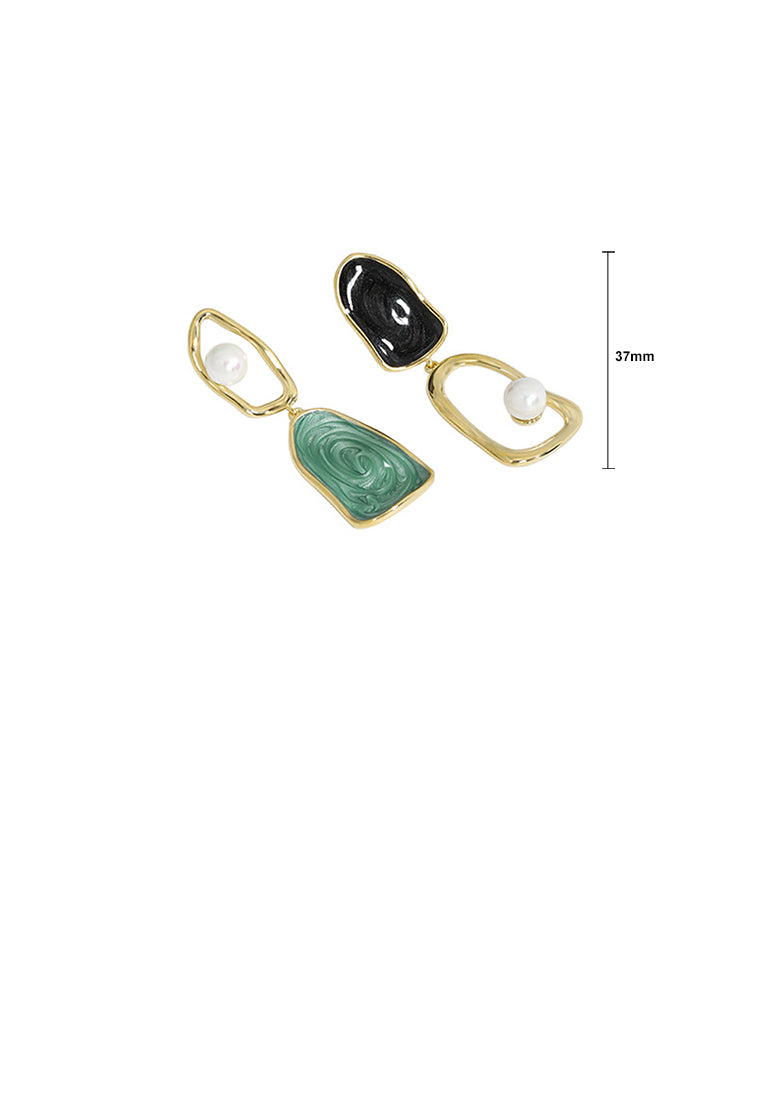 925 Sterling Silver Plated Gold Fashion Creative Asymmetric Geometric Enamel Texture Imitation Pearl Earrings - Luxurious Look