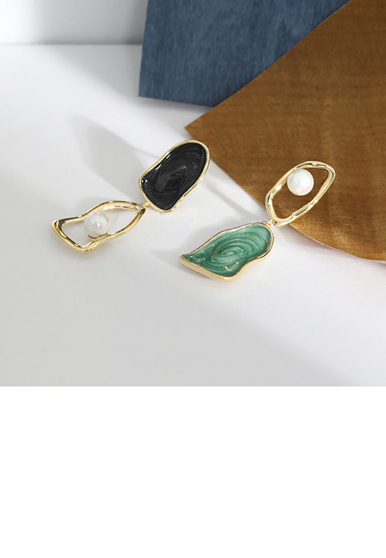 925 Sterling Silver Plated Gold Fashion Creative Asymmetric Geometric Enamel Texture Imitation Pearl Earrings - Luxurious Look