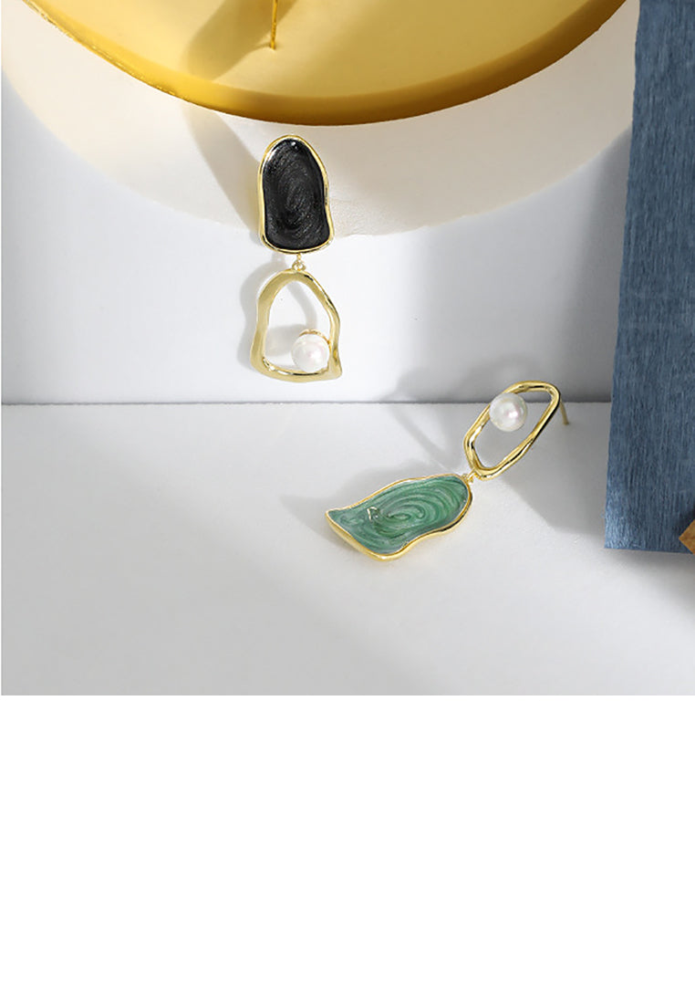 925 Sterling Silver Plated Gold Fashion Creative Asymmetric Geometric Enamel Texture Imitation Pearl Earrings - Luxurious Look