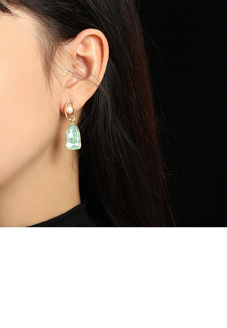 925 Sterling Silver Plated Gold Fashion Creative Asymmetric Geometric Enamel Texture Imitation Pearl Earrings - Luxurious Look