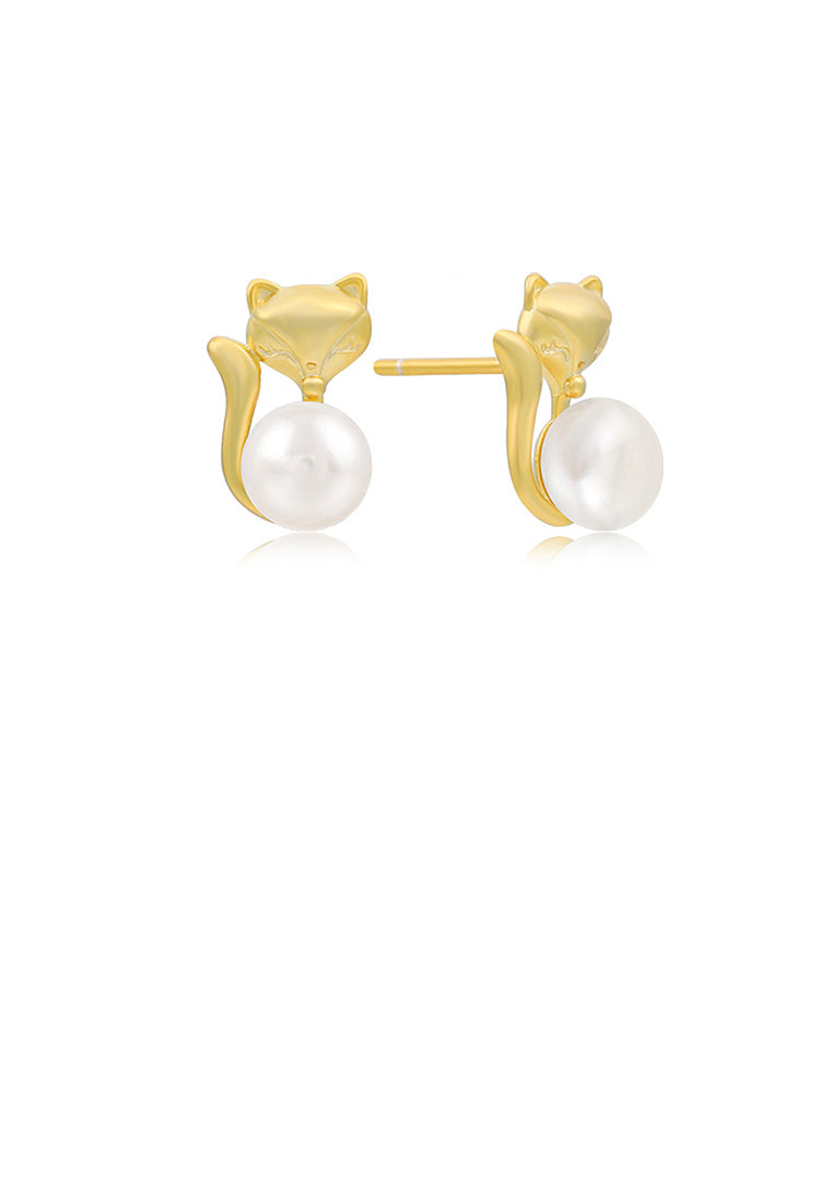 925 Sterling Silver Plated Gold Simple Cute Fox White Freshwater Pearl Stud Earrings - Luxurious Look