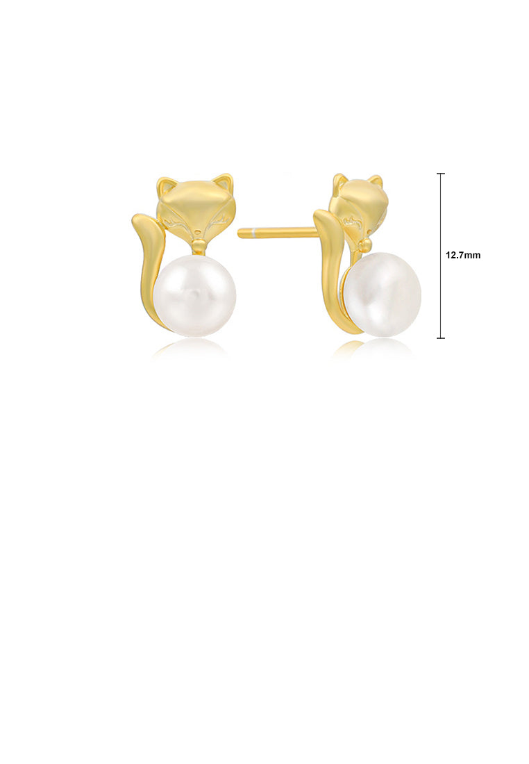 925 Sterling Silver Plated Gold Simple Cute Fox White Freshwater Pearl Stud Earrings - Luxurious Look