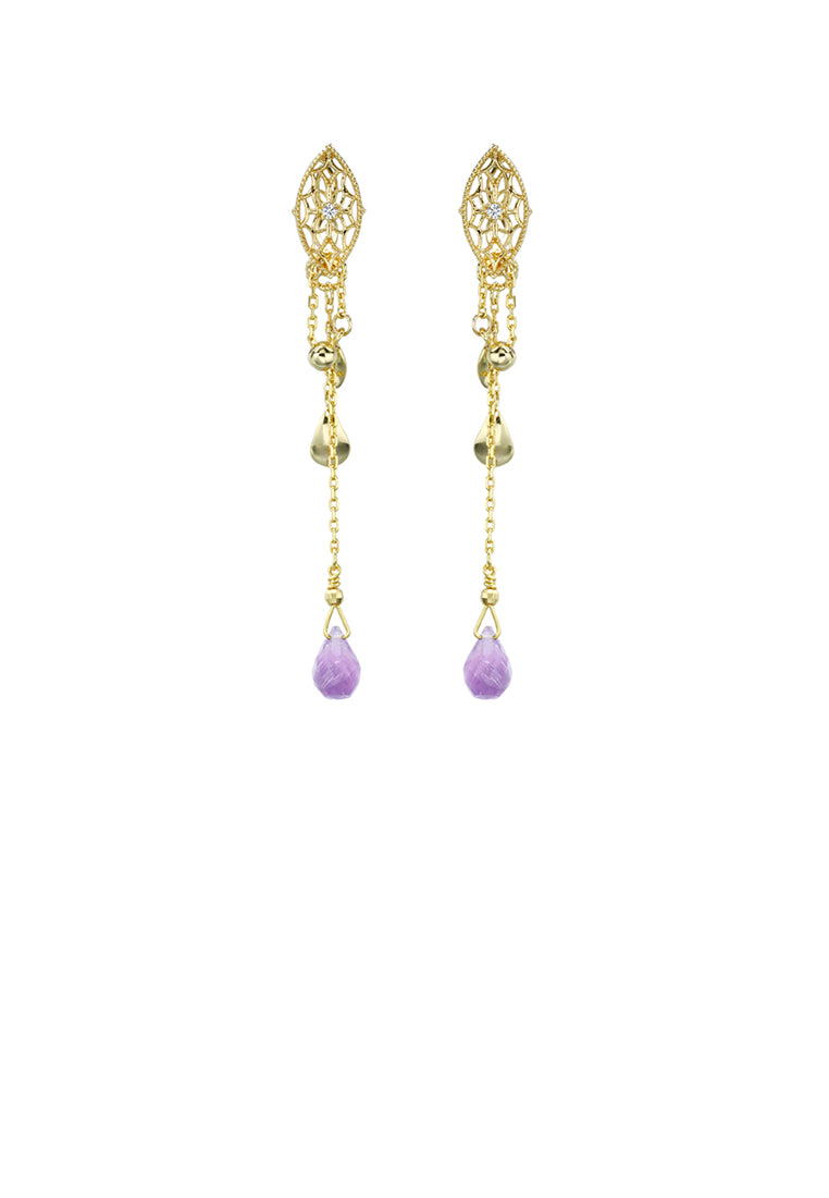 925 Sterling Silver Plated Gold Vintage Fashion Hollow Pattern Geometric Water Drop-shaped Tassel Earrings with Purple Cubic Zirconia - Luxurious Look