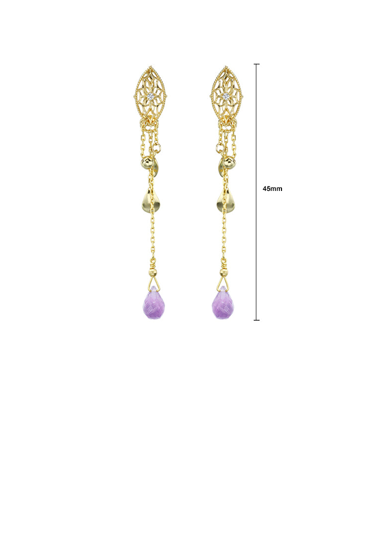 925 Sterling Silver Plated Gold Vintage Fashion Hollow Pattern Geometric Water Drop-shaped Tassel Earrings with Purple Cubic Zirconia - Luxurious Look