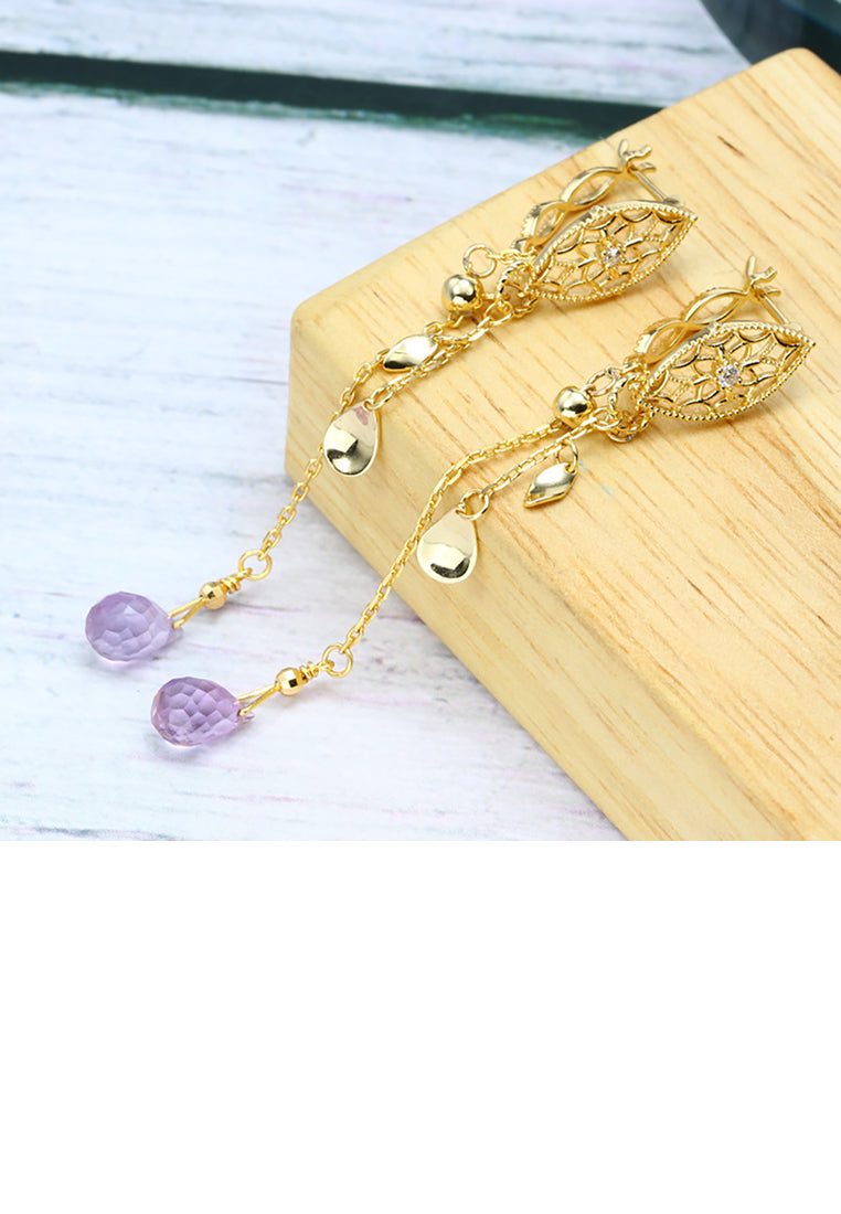925 Sterling Silver Plated Gold Vintage Fashion Hollow Pattern Geometric Water Drop-shaped Tassel Earrings with Purple Cubic Zirconia - Luxurious Look