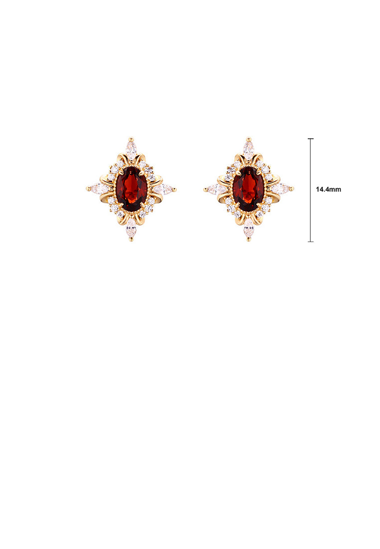 925 Sterling Silver Plated Gold Fashion Vintage Geometric Diamond Stud Earrings with Red Cubic Zirconia - Luxurious Look - Vibrant Color