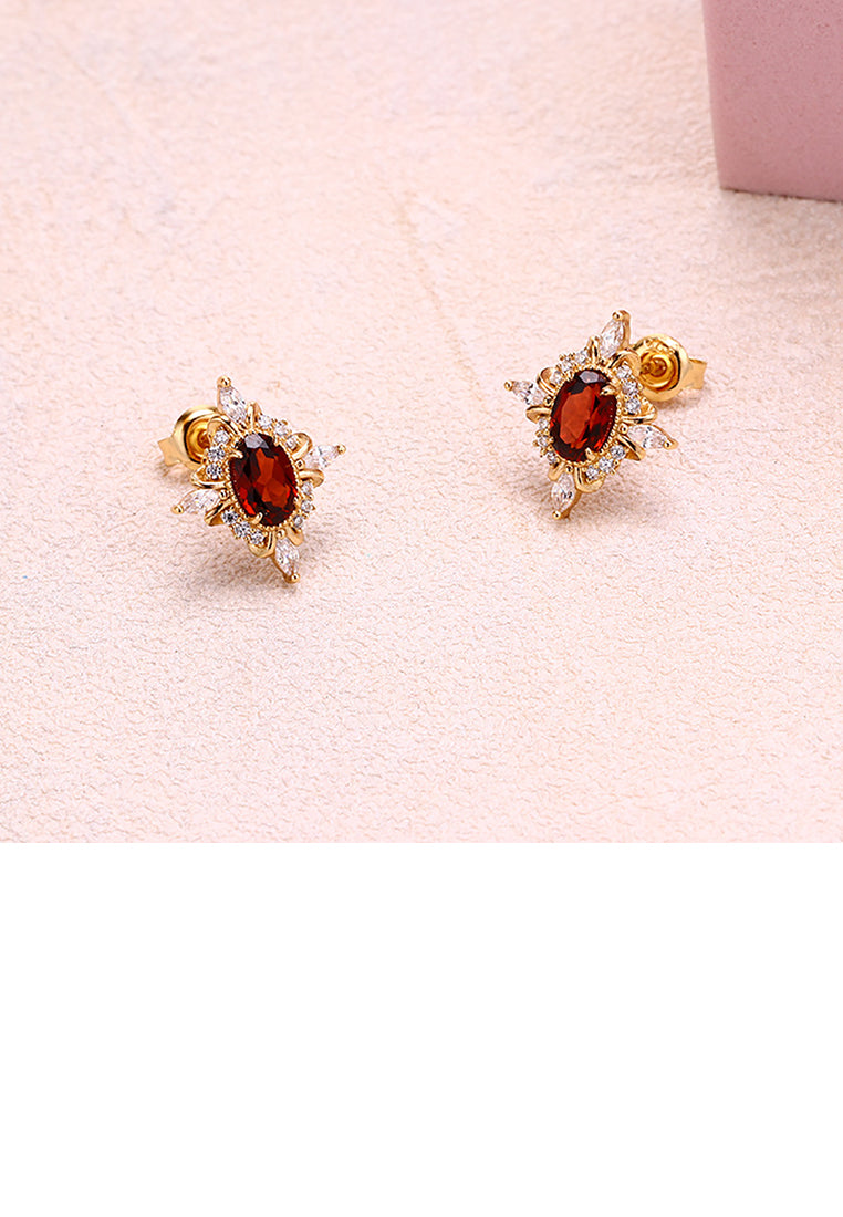 925 Sterling Silver Plated Gold Fashion Vintage Geometric Diamond Stud Earrings with Red Cubic Zirconia - Luxurious Look - Vibrant Color
