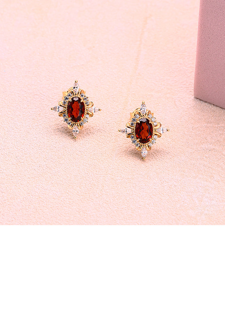 925 Sterling Silver Plated Gold Fashion Vintage Geometric Diamond Stud Earrings with Red Cubic Zirconia - Luxurious Look - Vibrant Color