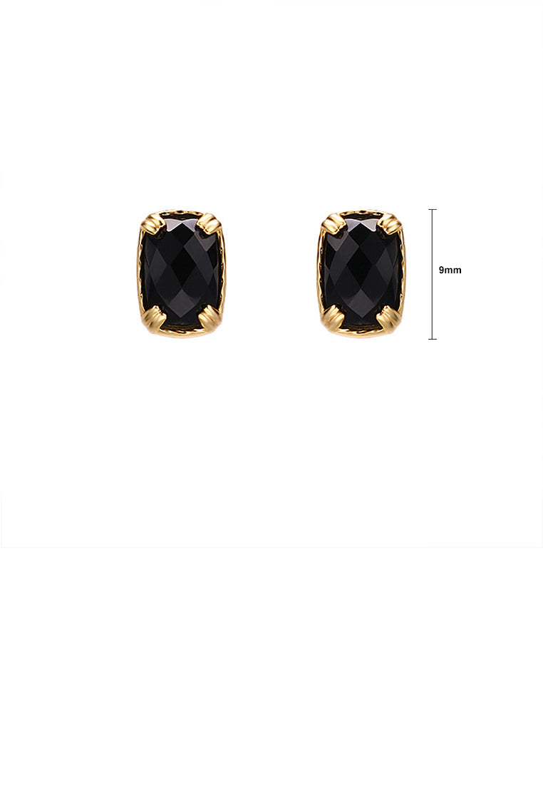 925 Sterling Silver Plated Gold Simple Fashion Black Agate Geometric Square Stud Earrings