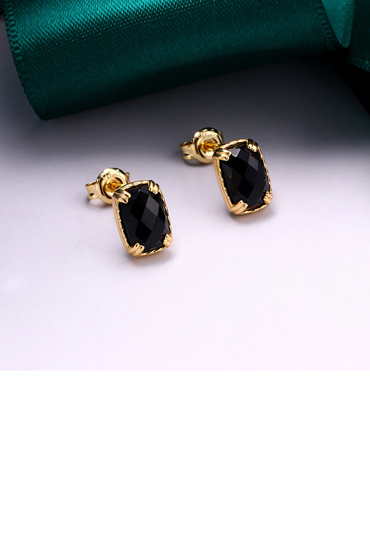 925 Sterling Silver Plated Gold Simple Fashion Black Agate Geometric Square Stud Earrings