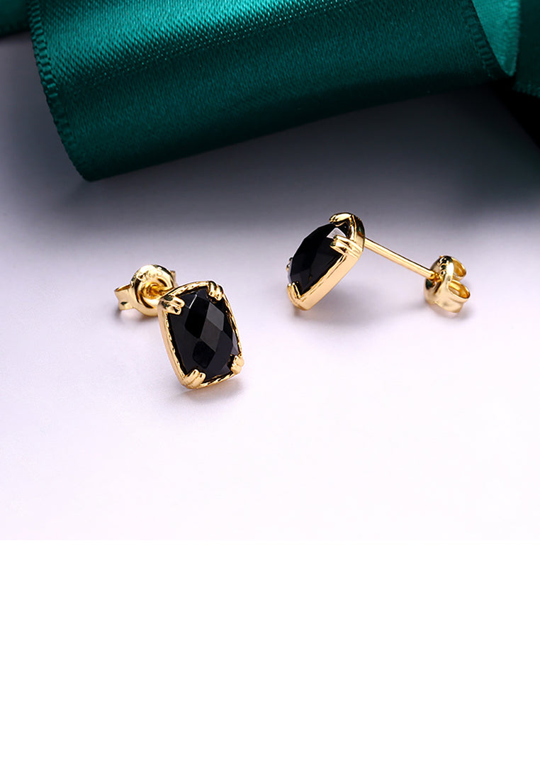 925 Sterling Silver Plated Gold Simple Fashion Black Agate Geometric Square Stud Earrings