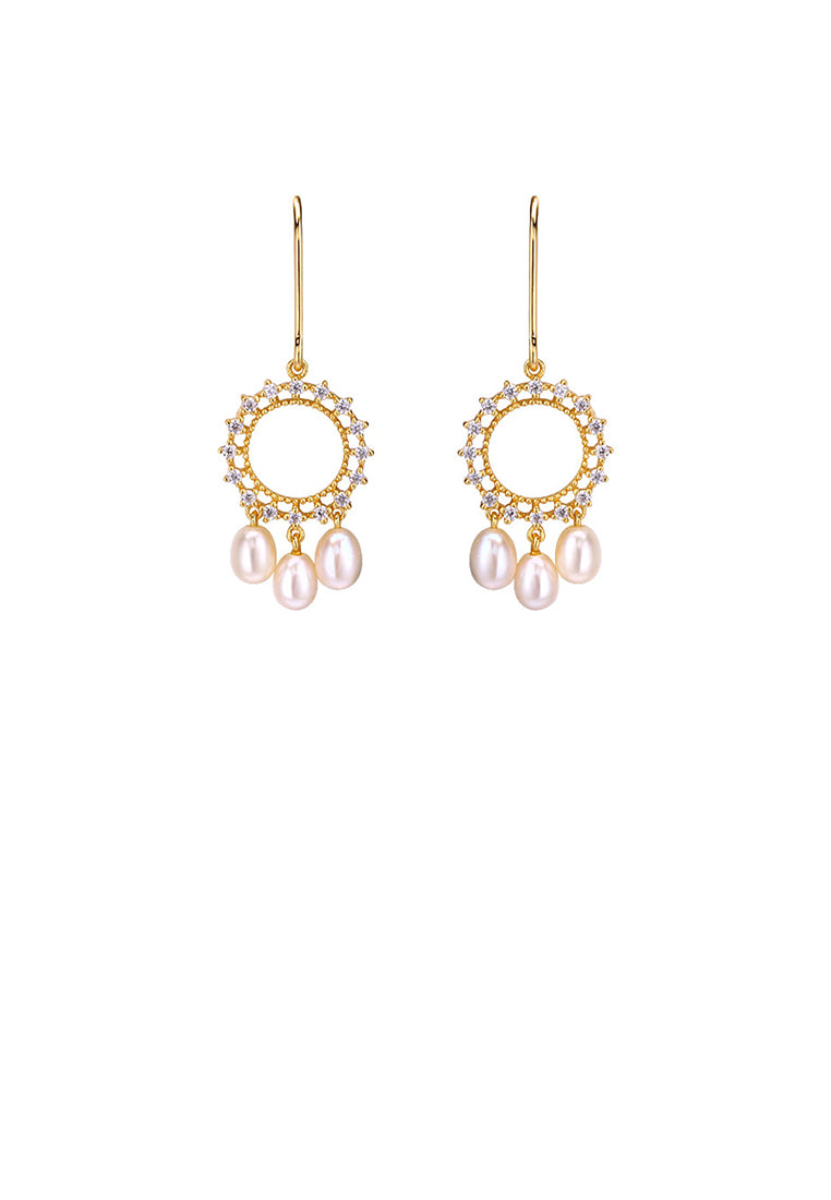 925 Sterling Silver Plated Gold Simple Fashion Geometric Circle Freshwater Pearl Earrings with Cubic Zirconia - Luxurious Look