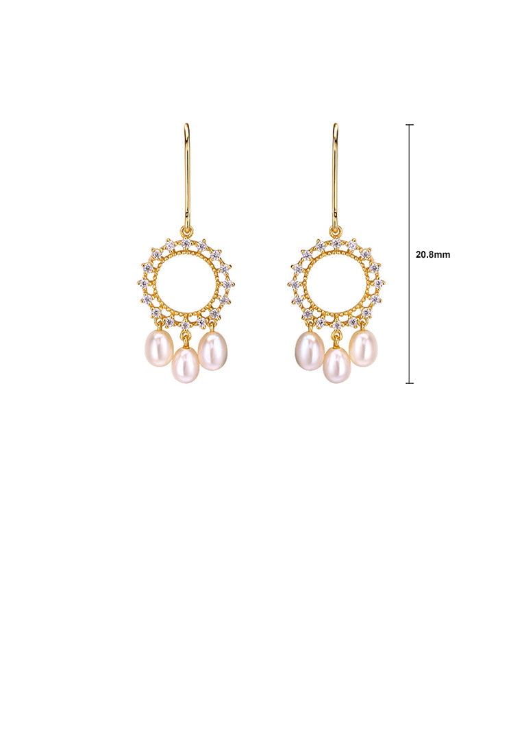 925 Sterling Silver Plated Gold Simple Fashion Geometric Circle Freshwater Pearl Earrings with Cubic Zirconia - Luxurious Look