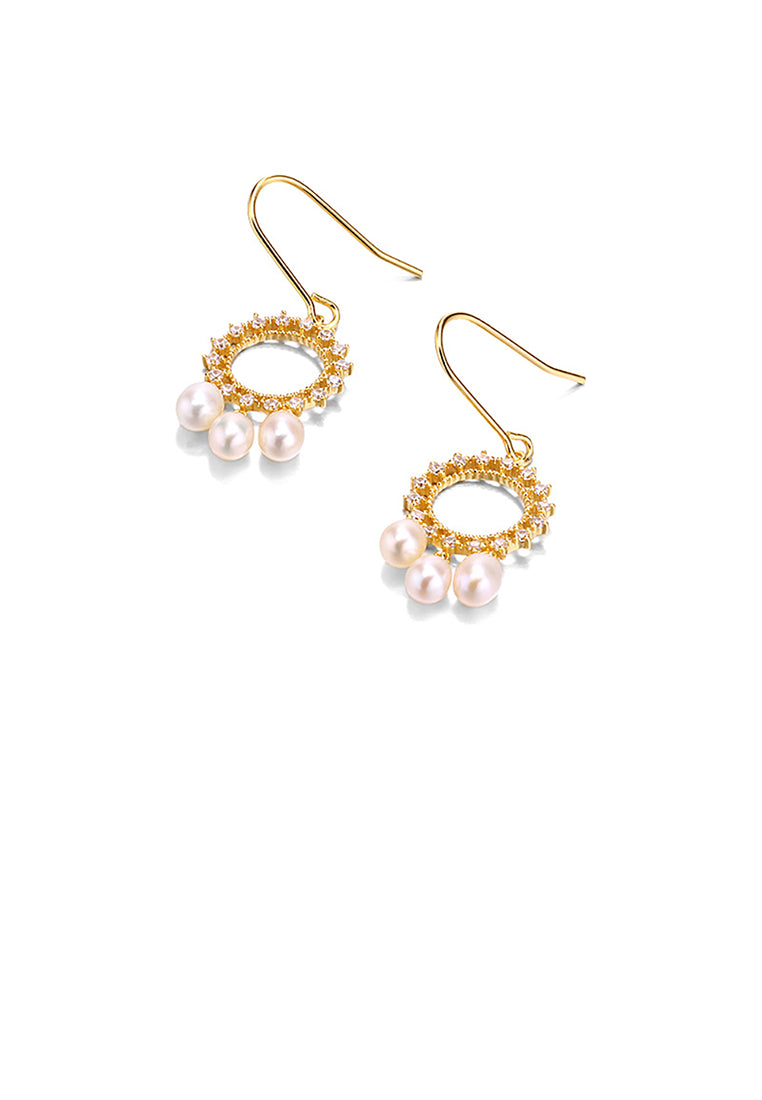 925 Sterling Silver Plated Gold Simple Fashion Geometric Circle Freshwater Pearl Earrings with Cubic Zirconia - Luxurious Look