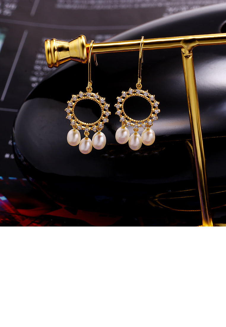 925 Sterling Silver Plated Gold Simple Fashion Geometric Circle Freshwater Pearl Earrings with Cubic Zirconia - Luxurious Look