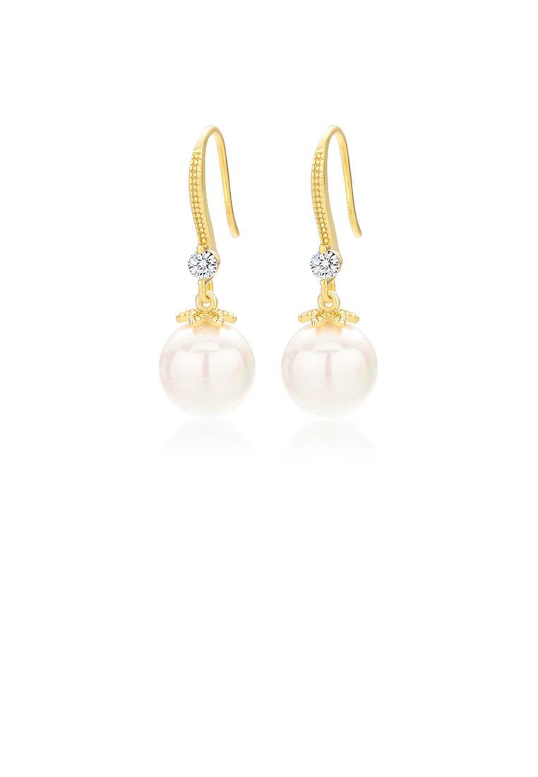 925 Sterling Silver Plated Gold Simple Temperament Torus Imitation Pearl Long Earrings with Cubic Zirconia - Luxurious Look