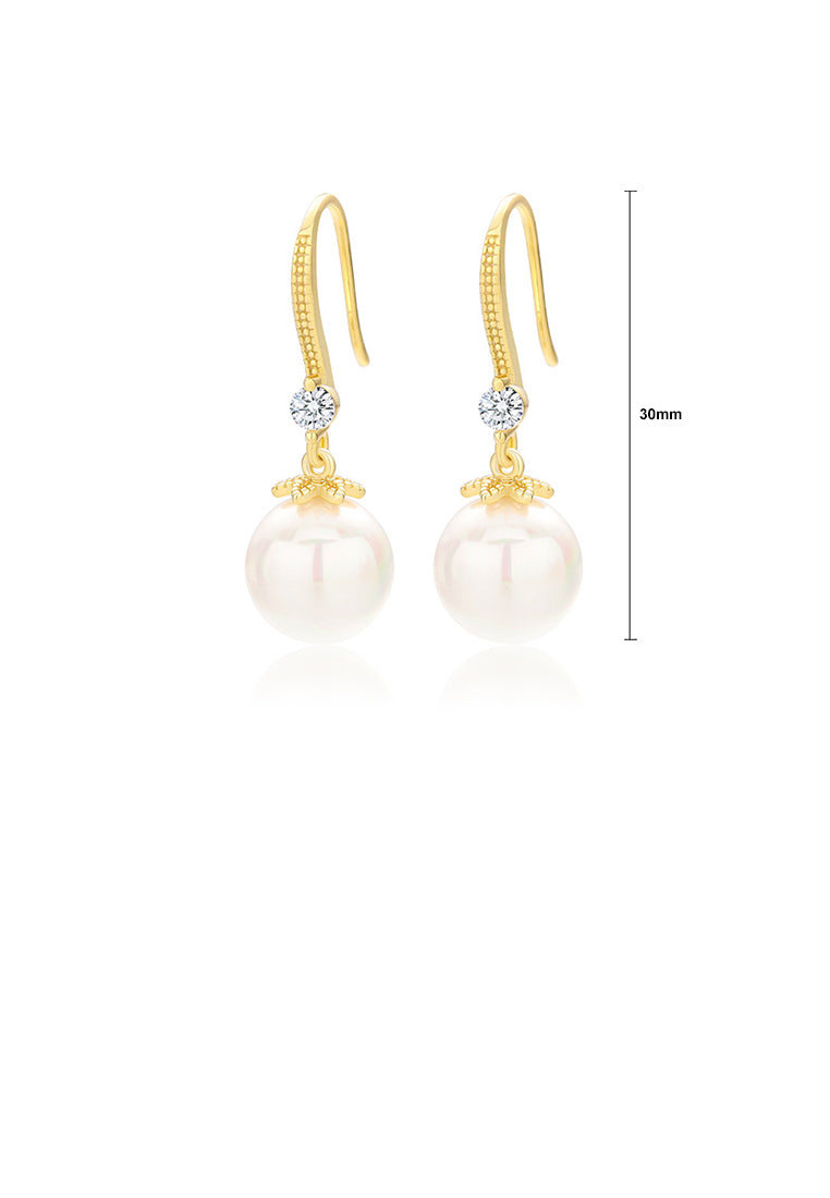 925 Sterling Silver Plated Gold Simple Temperament Torus Imitation Pearl Long Earrings with Cubic Zirconia - Luxurious Look