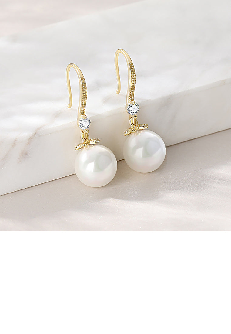 925 Sterling Silver Plated Gold Simple Temperament Torus Imitation Pearl Long Earrings with Cubic Zirconia - Luxurious Look