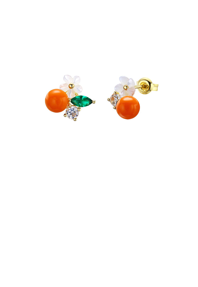 925 Sterling Silver Plated Gold Simple and Elegant Flower Orange Imitation Pearl Stud Earrings with Cubic Zirconia - Luxurious Look