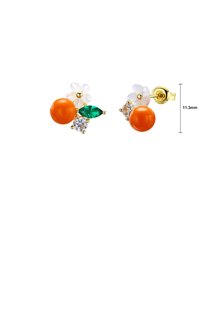 925 Sterling Silver Plated Gold Simple and Elegant Flower Orange Imitation Pearl Stud Earrings with Cubic Zirconia - Luxurious Look