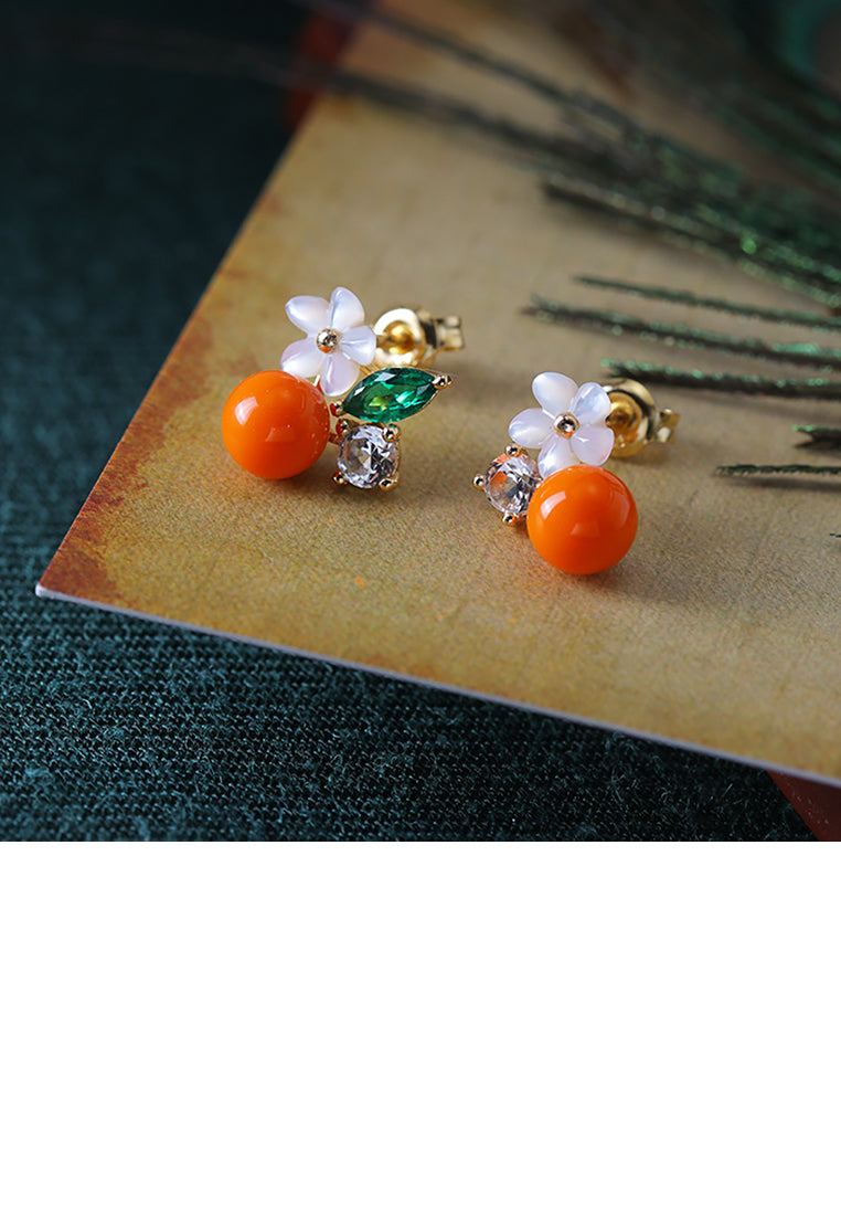 925 Sterling Silver Plated Gold Simple and Elegant Flower Orange Imitation Pearl Stud Earrings with Cubic Zirconia - Luxurious Look