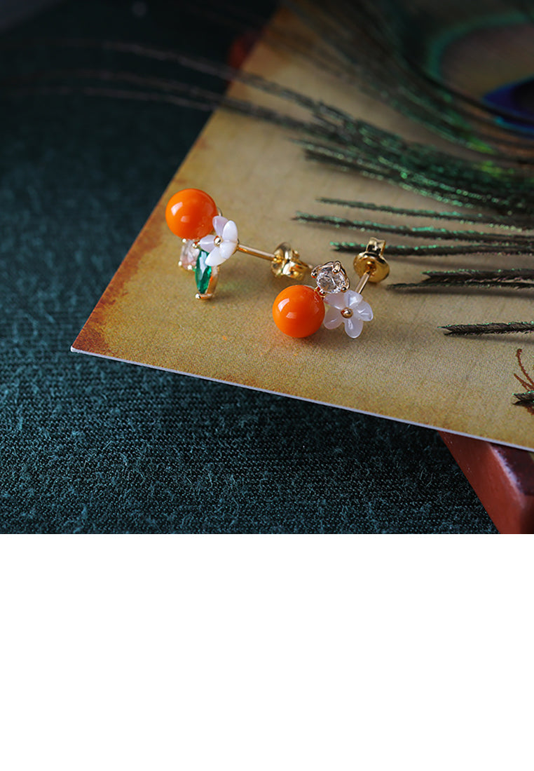 925 Sterling Silver Plated Gold Simple and Elegant Flower Orange Imitation Pearl Stud Earrings with Cubic Zirconia - Luxurious Look