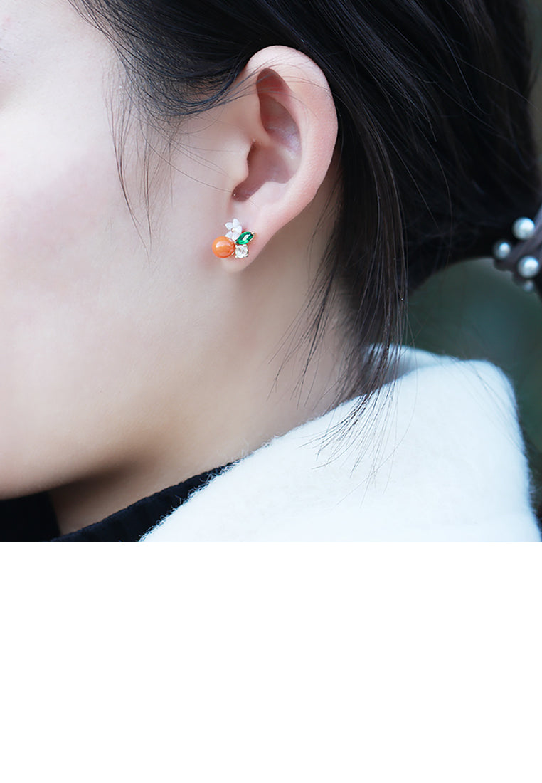 925 Sterling Silver Plated Gold Simple and Elegant Flower Orange Imitation Pearl Stud Earrings with Cubic Zirconia - Luxurious Look