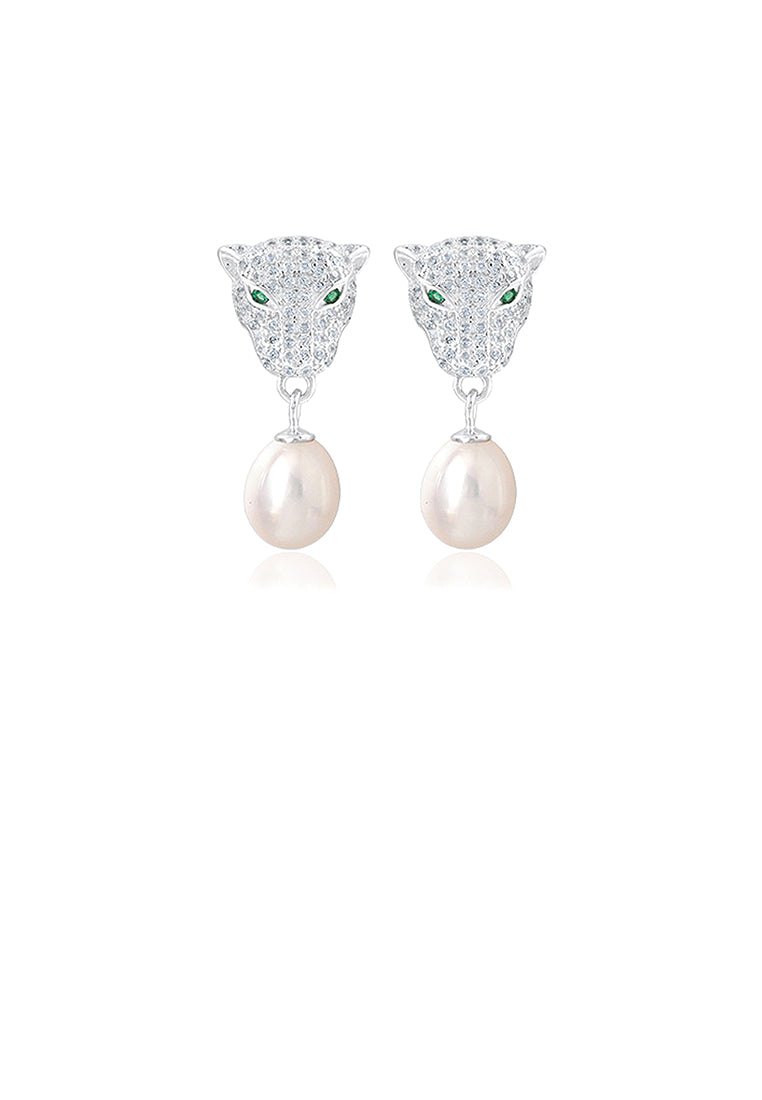 925 Sterling Silver Fashion Personality Cheetah Freshwater Pearl Earrings with Cubic Zirconia - Luxurious Look
