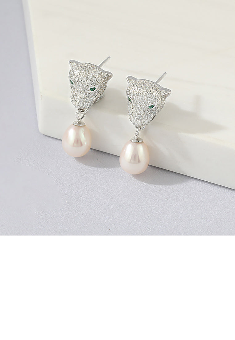925 Sterling Silver Fashion Personality Cheetah Freshwater Pearl Earrings with Cubic Zirconia - Luxurious Look