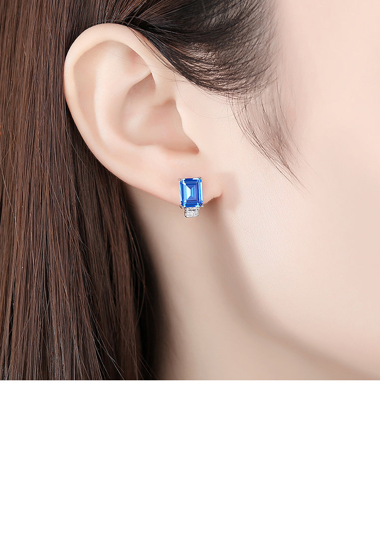 925 Sterling Silver Fashion Simple Geometric Square Blue Cubic Zirconia Stud Earrings - Luxurious Look