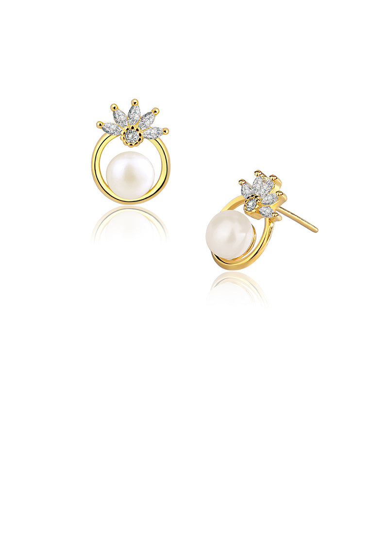 925 Sterling Silver Plated Gold Fashion and Elegant Floral Freshwater Pearl Stud Earrings with Cubic Zirconia - Luxurious Look