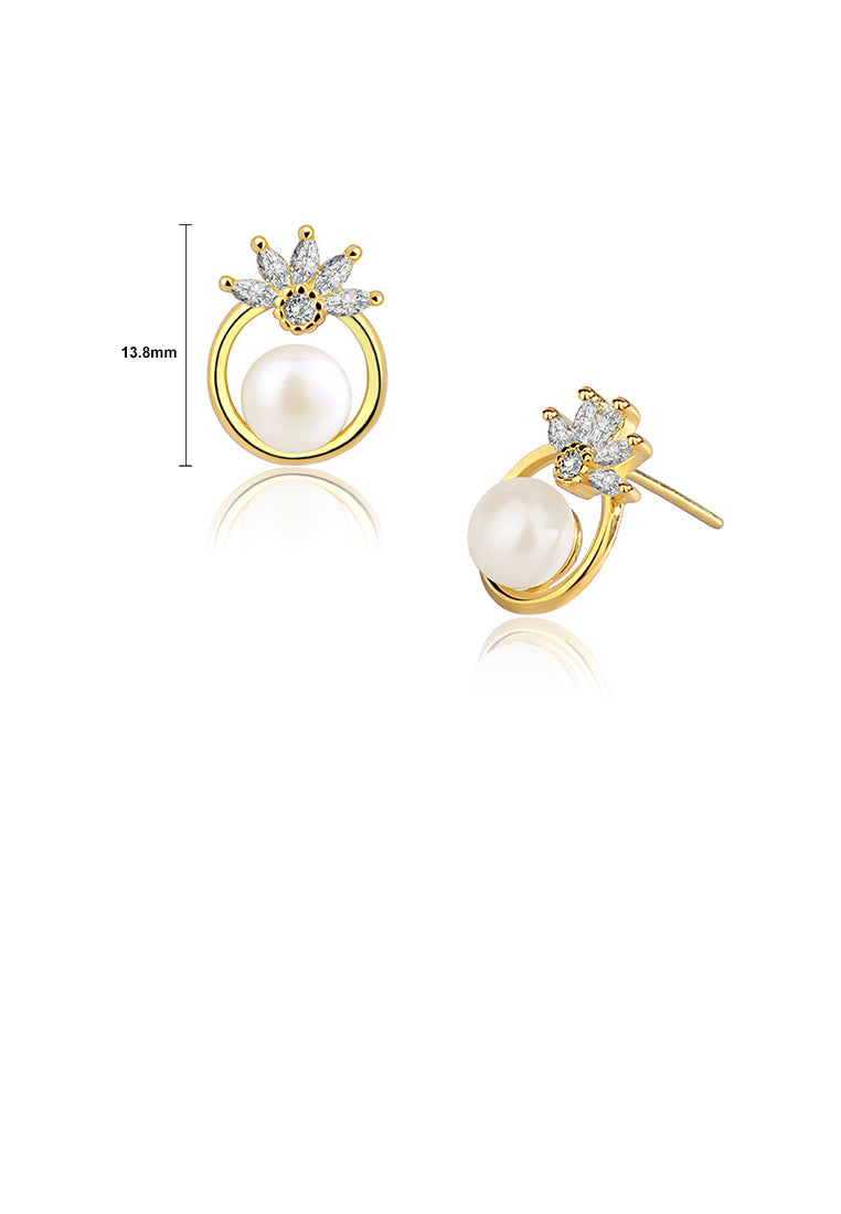 925 Sterling Silver Plated Gold Fashion and Elegant Floral Freshwater Pearl Stud Earrings with Cubic Zirconia - Luxurious Look