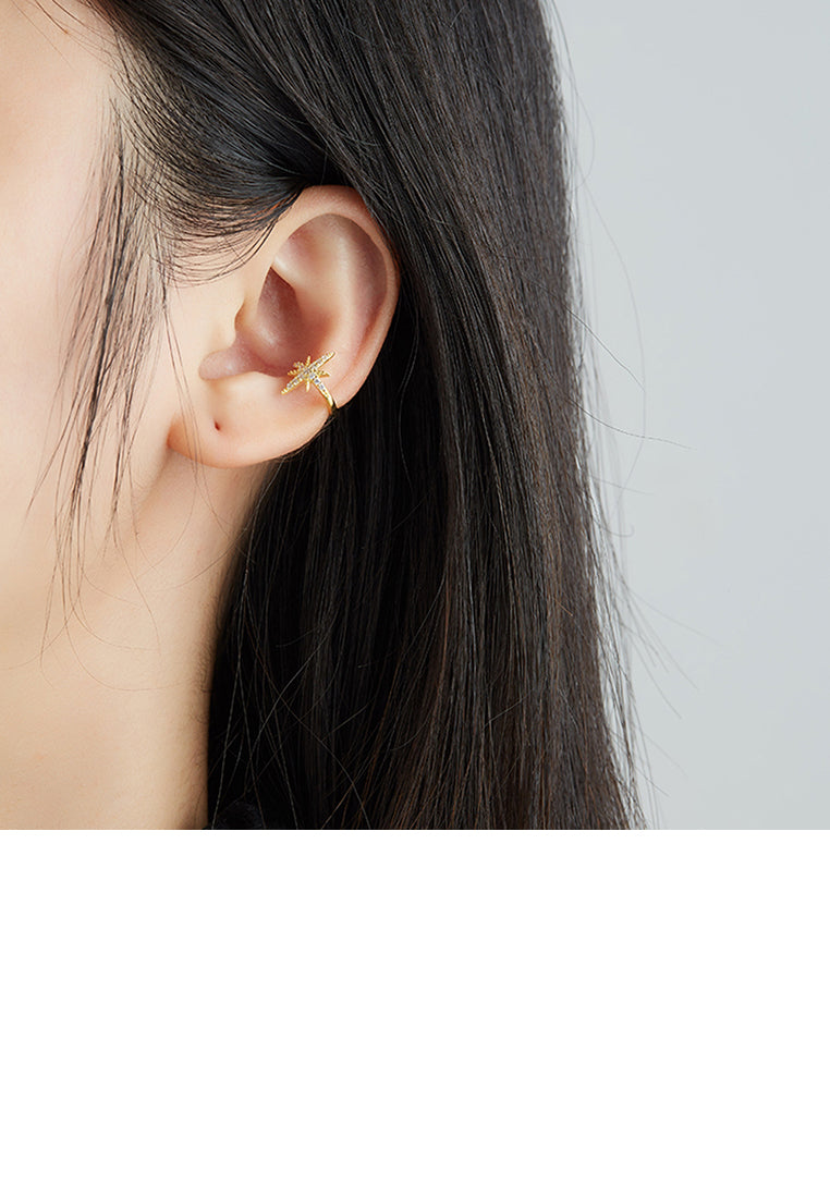 925 Sterling Silver Plated Gold Fashion Simple Star Ear Clip with Cubic Zirconia - Luxurious Look