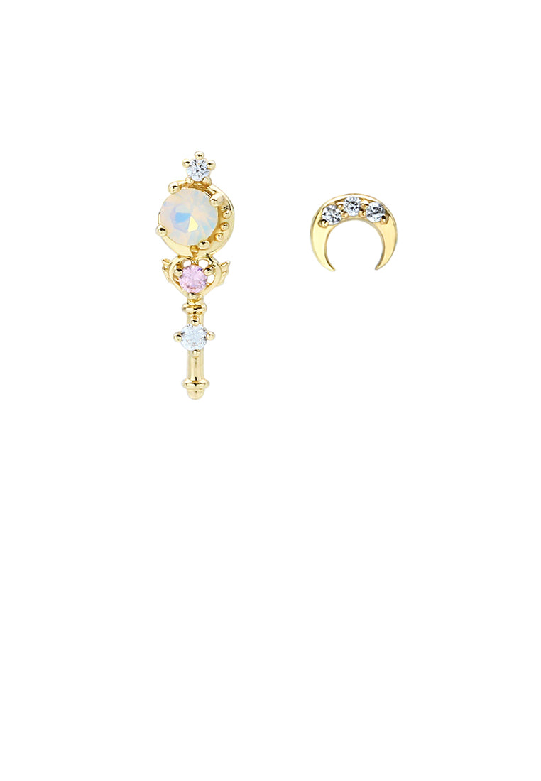 925 Sterling Silver Plated Gold Fashion Creative Moon Scepter Asymmetrical Stud Earrings with Cubic Zirconia - Luxurious Look