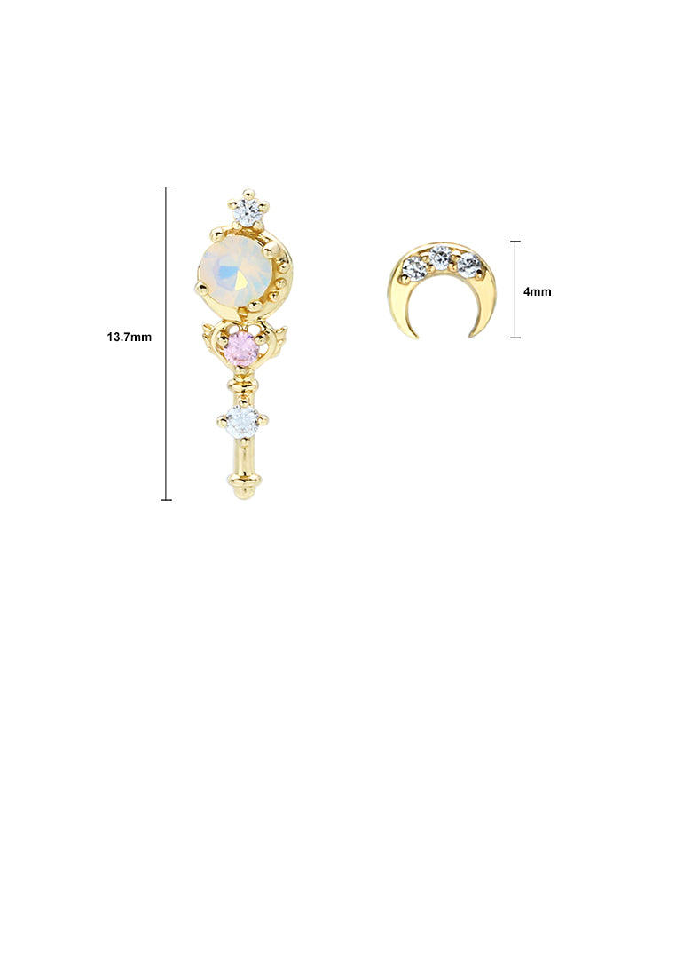 925 Sterling Silver Plated Gold Fashion Creative Moon Scepter Asymmetrical Stud Earrings with Cubic Zirconia - Luxurious Look