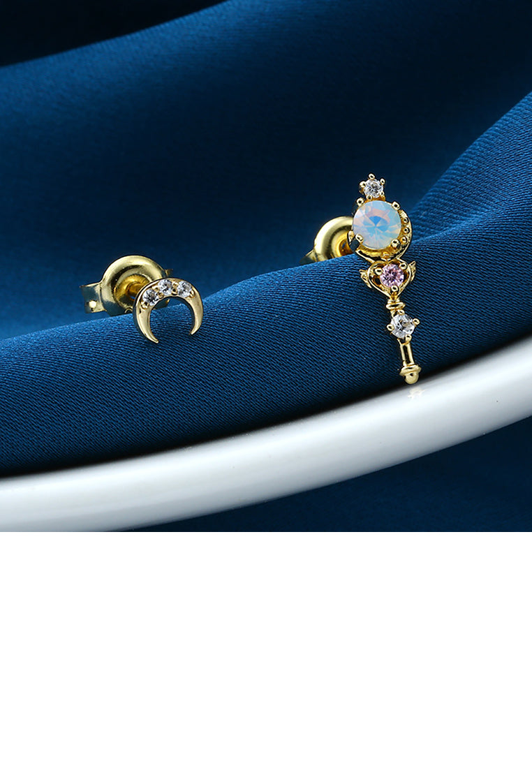 925 Sterling Silver Plated Gold Fashion Creative Moon Scepter Asymmetrical Stud Earrings with Cubic Zirconia - Luxurious Look