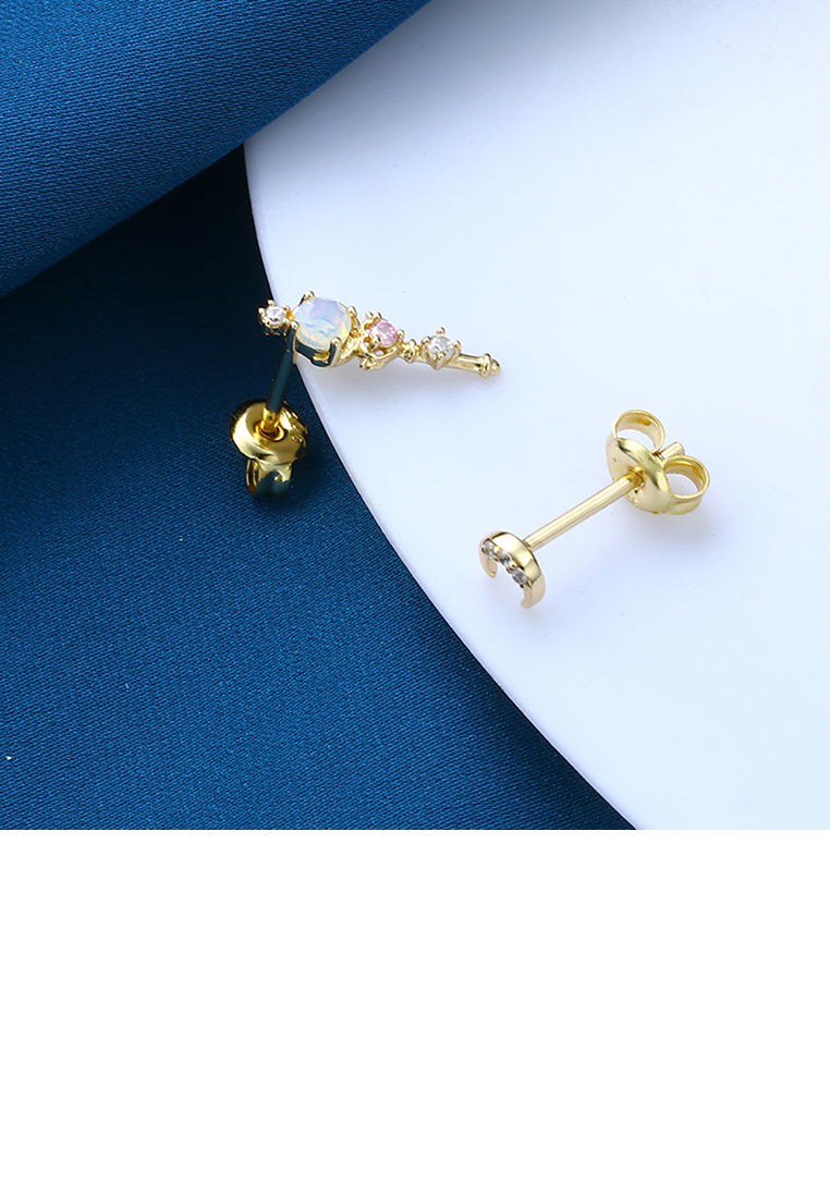 925 Sterling Silver Plated Gold Fashion Creative Moon Scepter Asymmetrical Stud Earrings with Cubic Zirconia - Luxurious Look