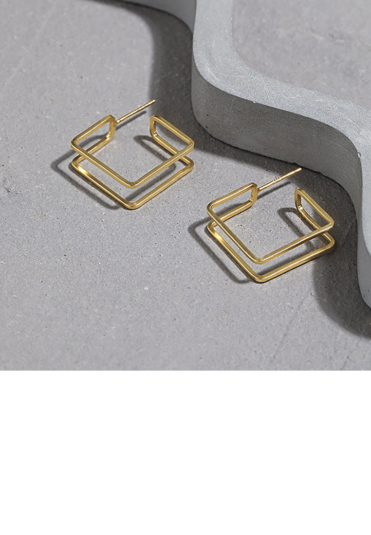 925 Sterling Silver Plated Gold Simple Personality Geometric Square Line Stud Earrings