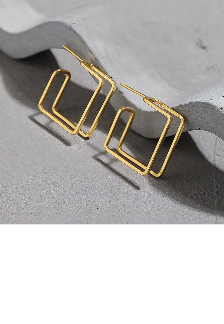 925 Sterling Silver Plated Gold Simple Personality Geometric Square Line Stud Earrings