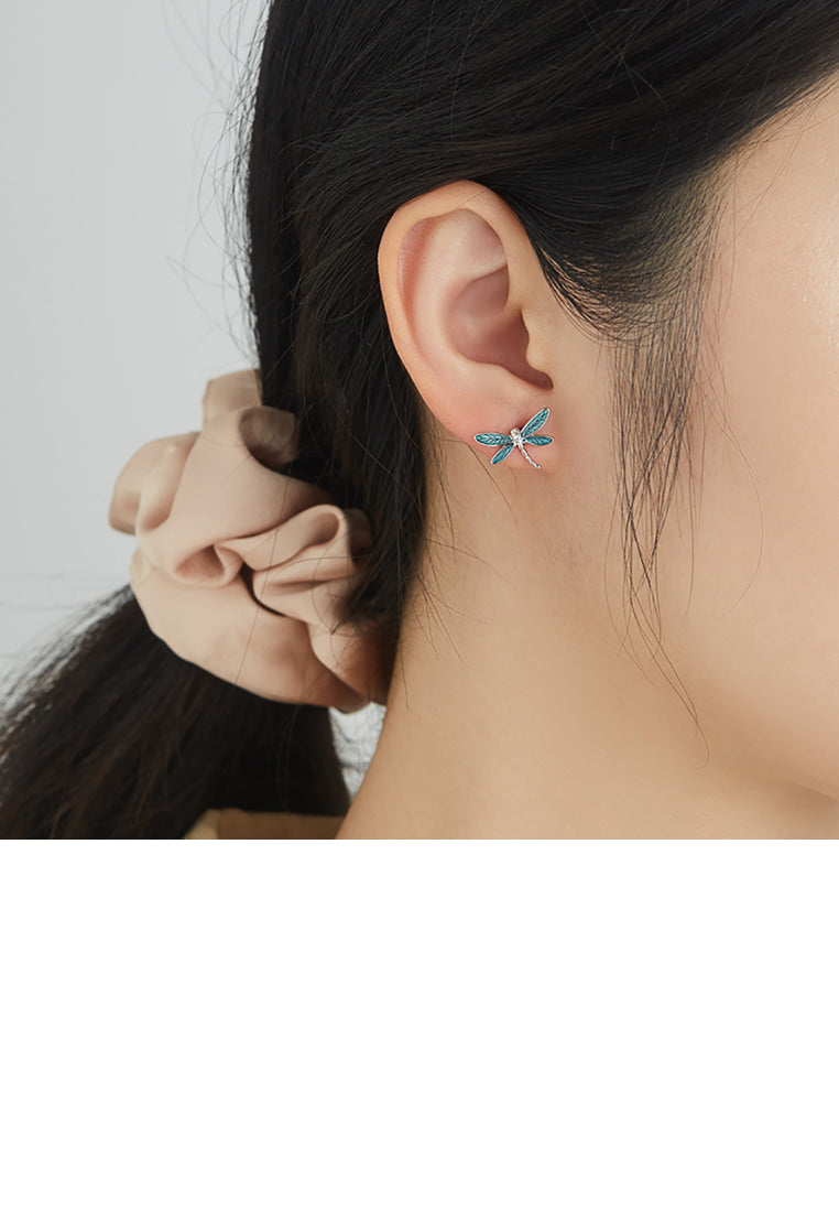 925 Sterling Silver Simple Fashion Dragonfly Stud Earrings with Cubic Zirconia - Luxurious Look