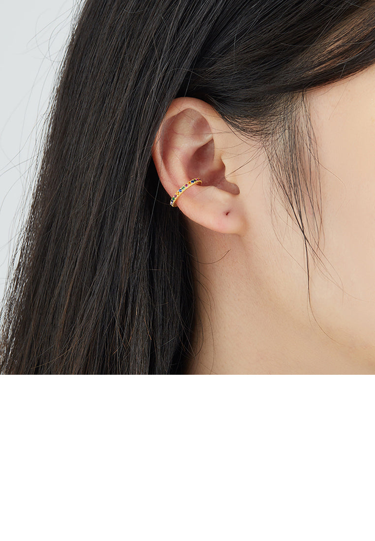 925 Sterling Silver Plated Gold Simple Geometric Circle Color Cubic Zirconia Ear Clips - Luxurious Look