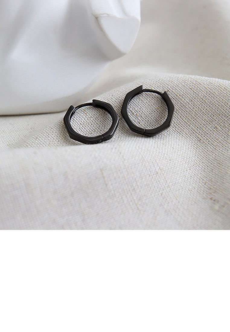 925 Sterling Silver Plated Black Simple Fashion Hollow Geometric Octagon Stud Earrings
