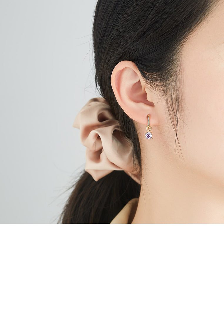 925 Sterling Silver Plated Gold Simple Fashion Geometric Square Purple Cubic Zirconia Dangle Earring - Luxurious Look
