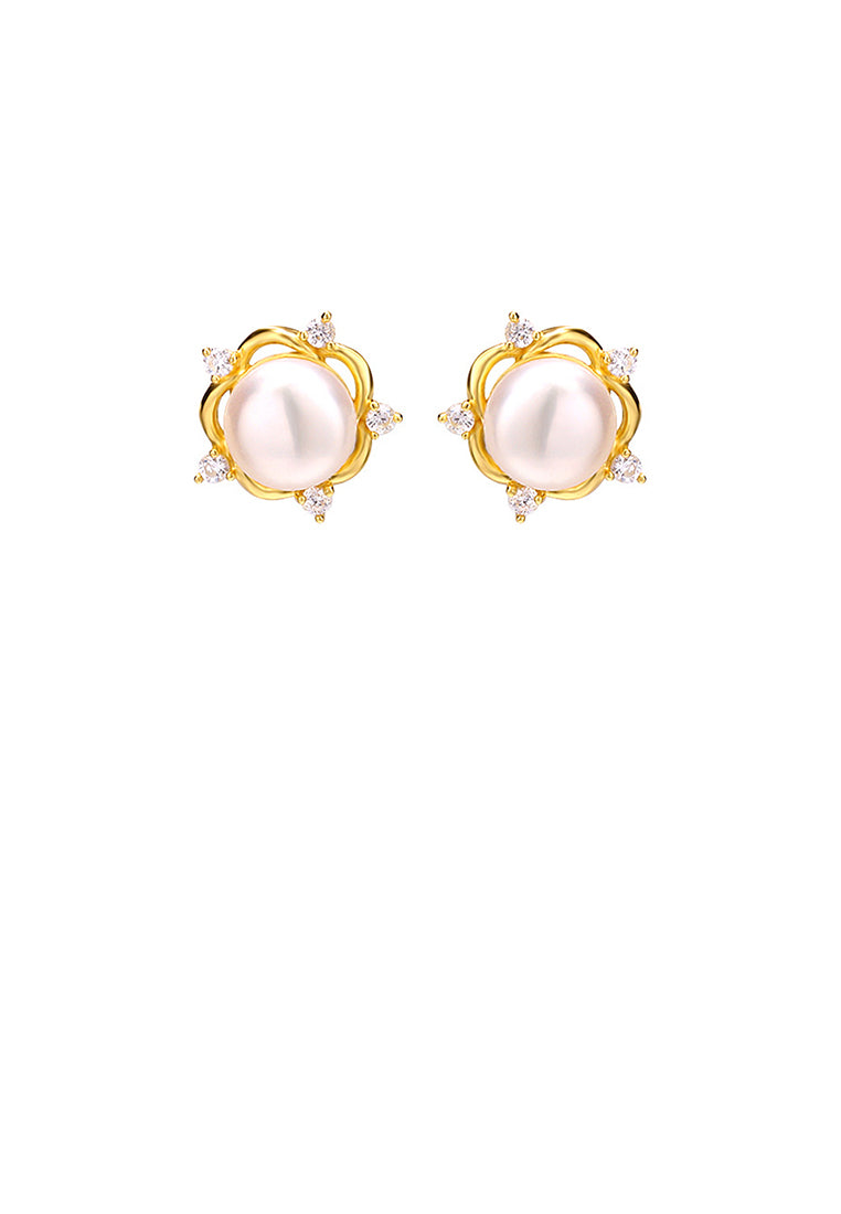 925 Sterling Silver Plated Gold Simple and Elegant Flower Freshwater Pearl Stud Earrings with Cubic Zirconia - Luxurious Look