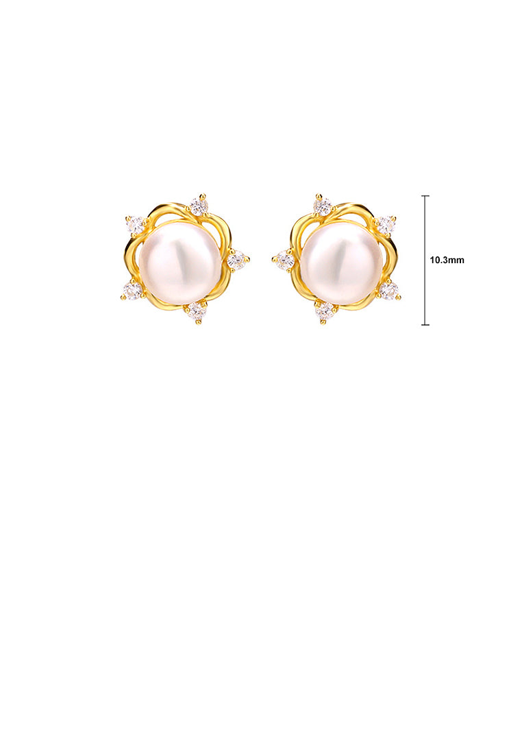 925 Sterling Silver Plated Gold Simple and Elegant Flower Freshwater Pearl Stud Earrings with Cubic Zirconia - Luxurious Look