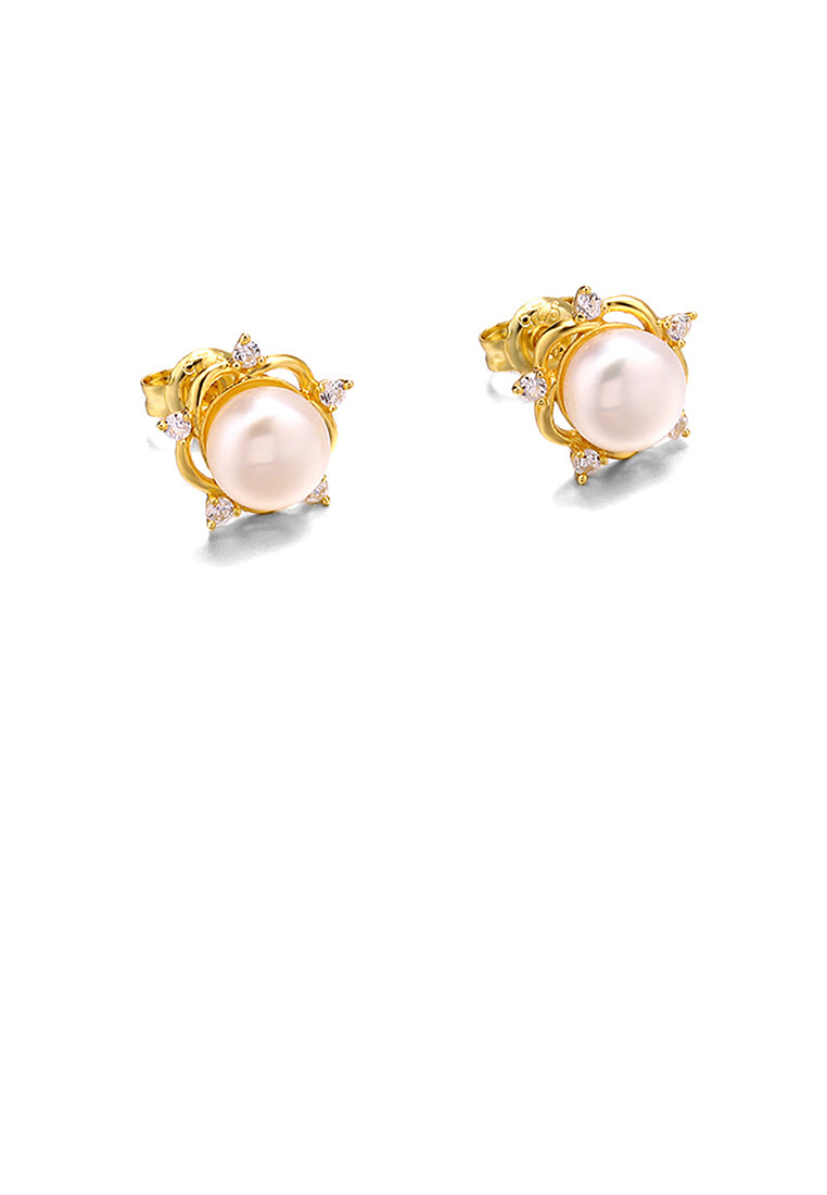 925 Sterling Silver Plated Gold Simple and Elegant Flower Freshwater Pearl Stud Earrings with Cubic Zirconia - Luxurious Look