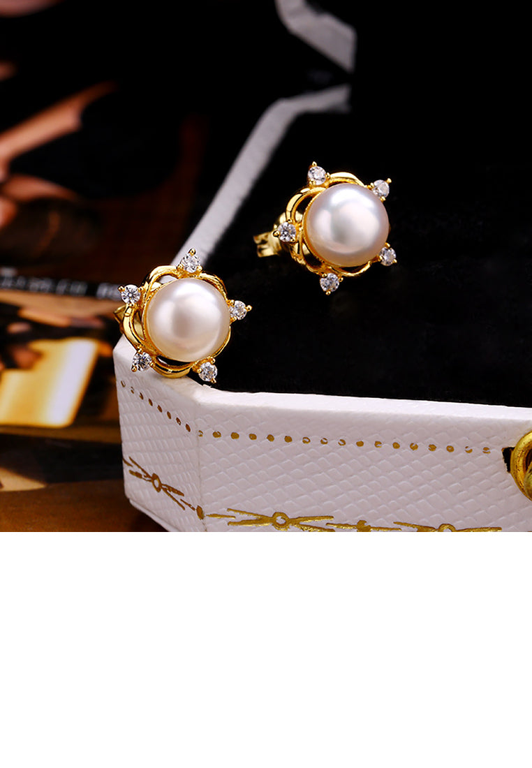 925 Sterling Silver Plated Gold Simple and Elegant Flower Freshwater Pearl Stud Earrings with Cubic Zirconia - Luxurious Look