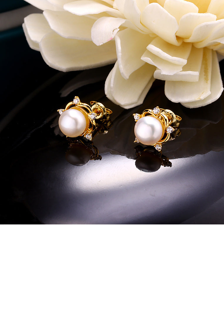 925 Sterling Silver Plated Gold Simple and Elegant Flower Freshwater Pearl Stud Earrings with Cubic Zirconia - Luxurious Look