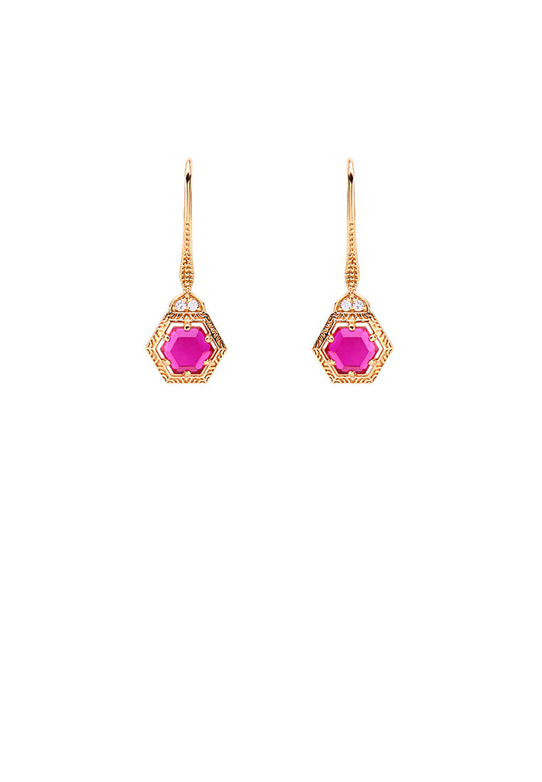 925 Sterling Silver Plated Gold Fashion Simple Geometric Hexagon Earrings with Red Cubic Zirconia - Luxurious Look - Vibrant Color